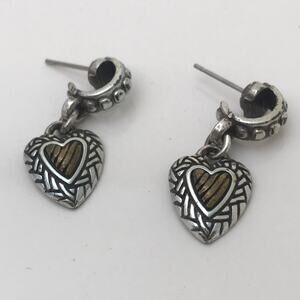 Brighton Heart Earrings - Silver Tone Brown Inset -Dangle Pierced - Romantic